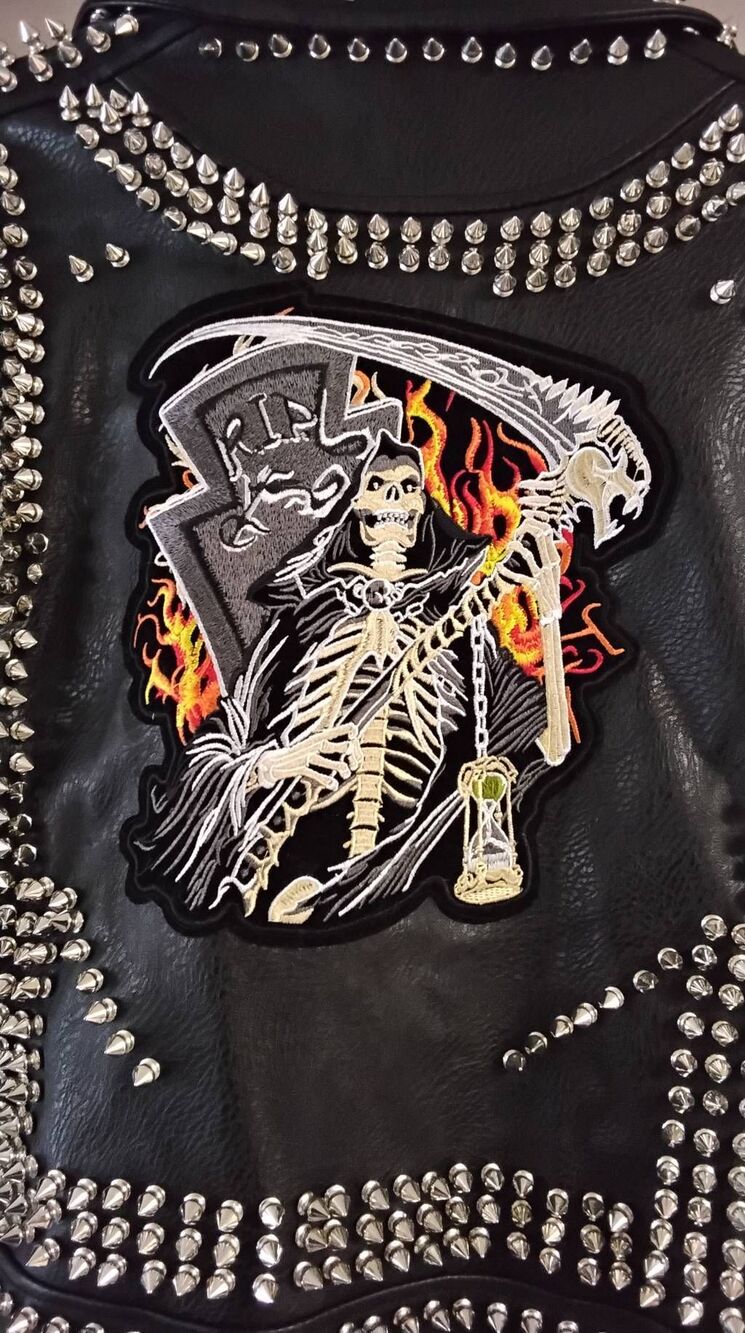 NWOT~AZALEA WANG Black AC/DC Punk Rock Studded Patchwork Moto Jacket Sz XL - Picture 6 of 11